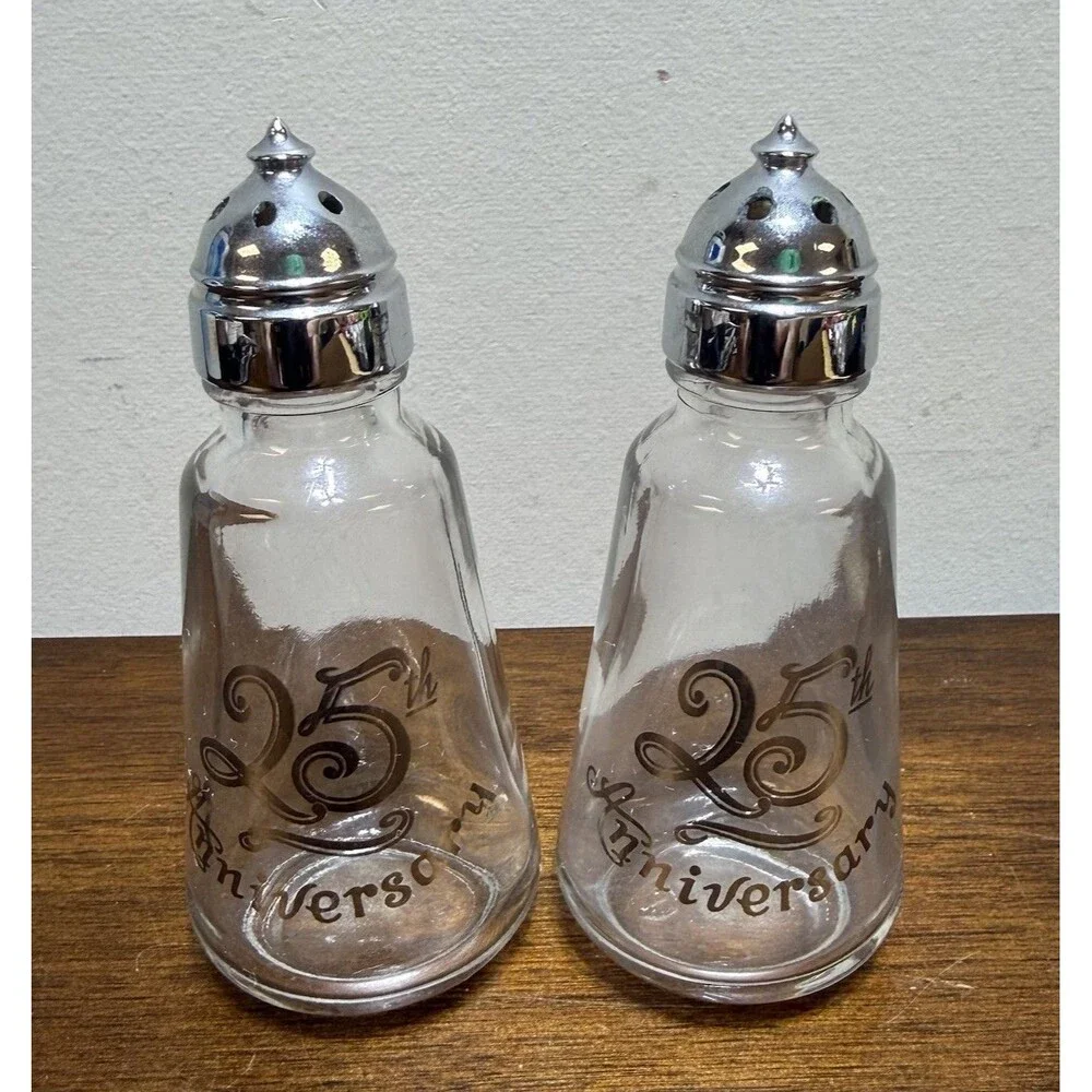 Vintage Lotus 25th Anniversary Salt And  Pepper Shakers Clear Glass Set